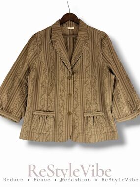 J JILL Women’s Size L/XL Blazer Coat Jacket 3/4 Sleeve Floral Striped Pattern
